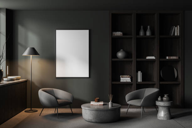 istock Gray home library interior with armchairs, table and poster 1547753199