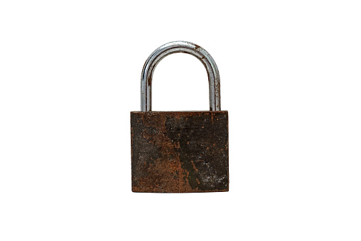 Old rusty padlock isolated on white