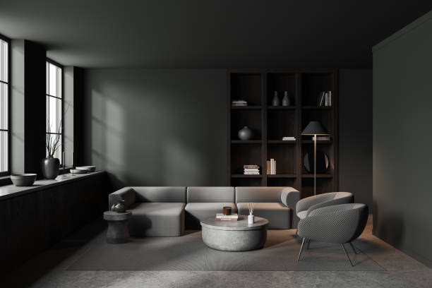 istock Gray living room interior with two armchairs, sofa and bookcase 1547762183