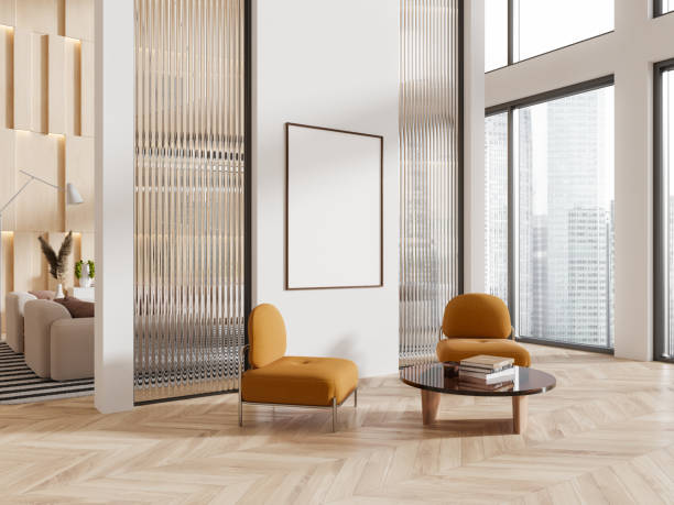 istock Beige living room interior armchairs and chill zone, mockup frame and window 1547762744