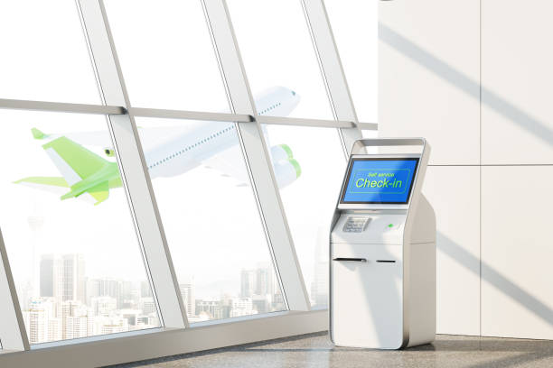 istock Airport interior with self-service terminal and panoramic window with airplane 1547771227