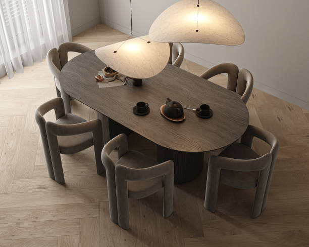 istock Top view diningroom interior design with gray empty wall, large table and served. Modern kitchen with 2 large lamp. 3d rendering. High quality 3d illustration 1547776038
