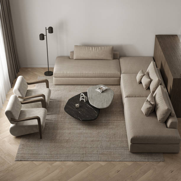 istock Top view of livingroom interior with large modular sofa, two armchairs, black lamp and kitchen island. Concept of place for meeting with panoramic window. 3d rendering. High quality 3d illustration 1547776607