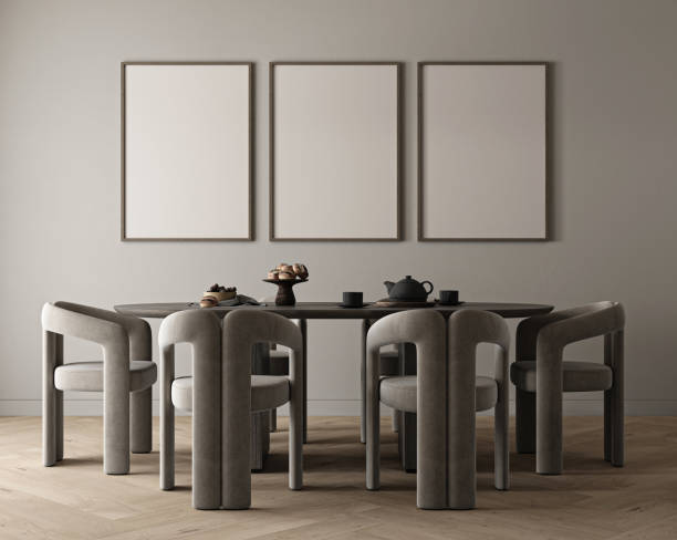 istock Mockup 3 posters in modern diningroom interior design with gray empty wall, large table and served. Modern kitchen front view. 3d rendering. High quality 3d illustration 1547777140