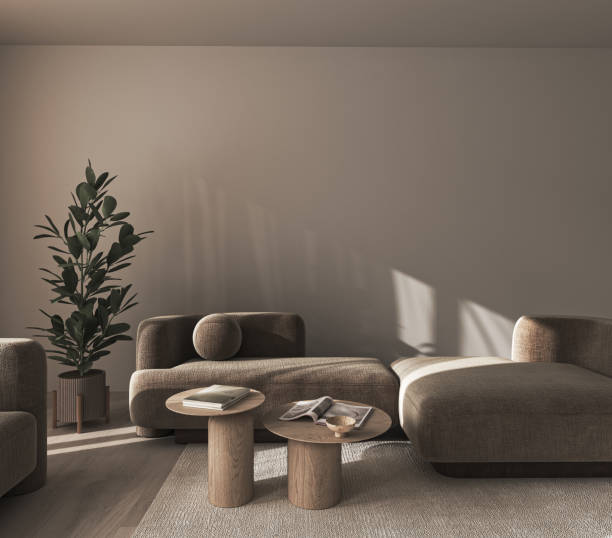 istock Creative modern minimalist dark interior living room with sunlight and green tree. Front view. 3d rendering mock up. High quality 3d illustration 1547777162