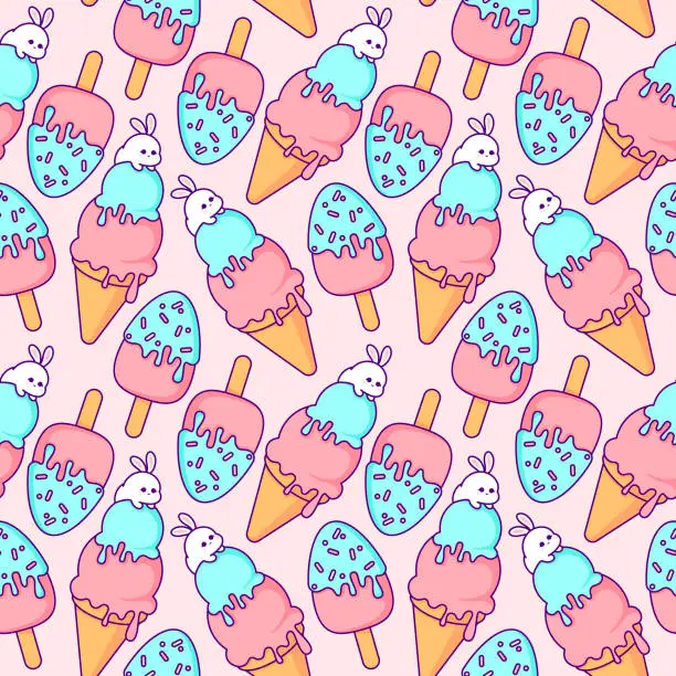 Vector illustration of Cute Kawaii Ice Cream Pattern. Vector Seamless Design. Adorable vector seamless pattern featuring kawaii-style ice cream in charming pink and blue colors, ideal for wrapping paper design.