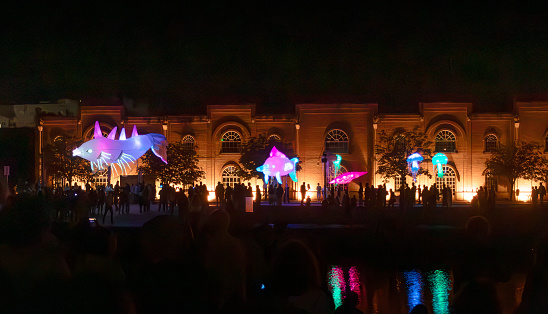 Aveiro, Portugal - July 13, 2023: For a moment we are transported to the depths of the ocean where the whales sing through a theatrical installation that connects the world of theater and visual arts with modern technology.
Festival dos Canals is an arts meeting in a public space organized in the city of Aveiro, with the city as an open stage. where artists from different countries intertwine with the daily life of the territory to present their creations.
It is like a living laboratory for presenting new perspectives of contemporary artistic creation.