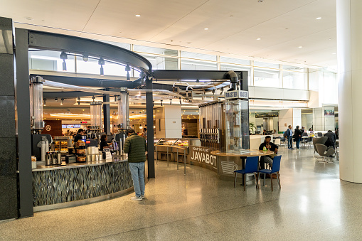San Francisco, California - April 04, 2019: San Francisco International Airport. Departure Area and Restaurant in Background.
