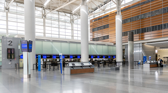 San Francisco, California - April 04, 2019: San Francisco International Airport Check-in area. United Airlines desks.