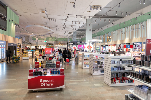 Stockholm, Sweden - April 05, 2019: International Stockholm Arlanda Airport. Tax Free Shop