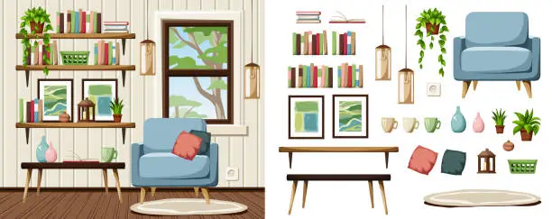 Vector illustration of Living room interior with an armchair and bookshelves. Furniture set. Interior constructor. Cartoon vector illustration