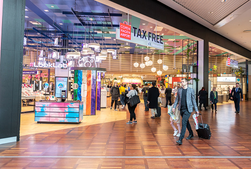 Copenhagen, Denmark - April 05, 2019: International Copenhagen Airport. Tax Free Shop