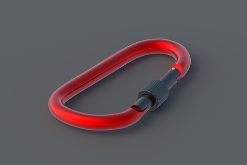 Carbine on black background. Carabine for mountaineering. Accessory for extreme sports. Work on high altitude. 3d render