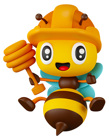 3D cartoon cute worker bee holding honey dipper character illustration. Natural organic theme concept mascot