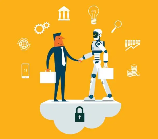 Vector illustration of Businessman and robot shaking hands - cloud computing