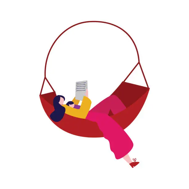 Vector illustration of Relax in hammock while reading mom and baby cute family together woman with baby kids