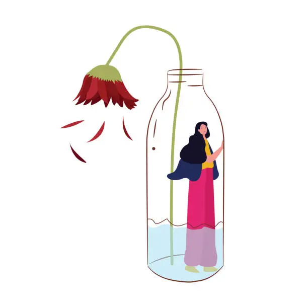 Vector illustration of Girl inside bottle wilted flower dry dead spiritless plant and sadness girl broke heart disappointed love stress unhappy expression