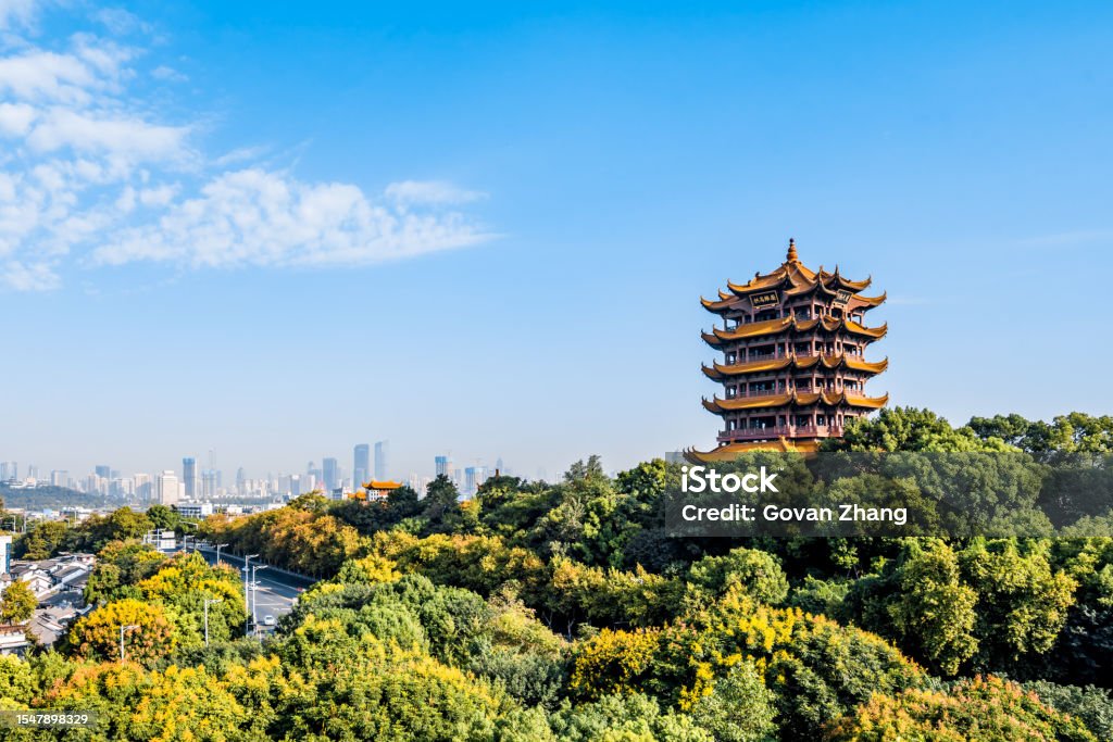 High angle view of Yellow Crane Tower in Wuhan, Hubei Province, China Wuhan Stock Photo