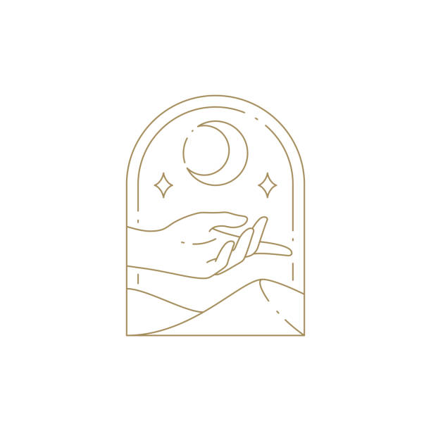 Magic human palm half moon and stars skin care meditation golden geometric frame line icon vector Magic human palm with half moon and stars skin care meditation golden geometric frame line icon vector illustration. Esoteric hand antique mythology monochrome decorative design emblem isolated half moon stock illustrations