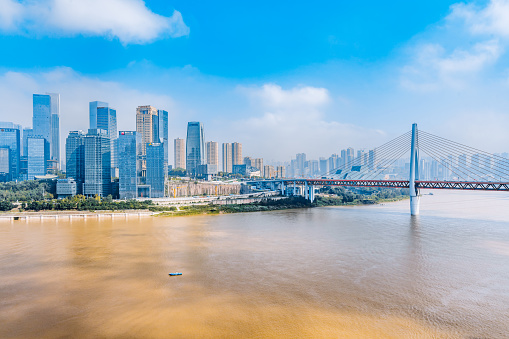 High angle view scenery of Qiansimen Bridge and skysrapers in Chongqing, China