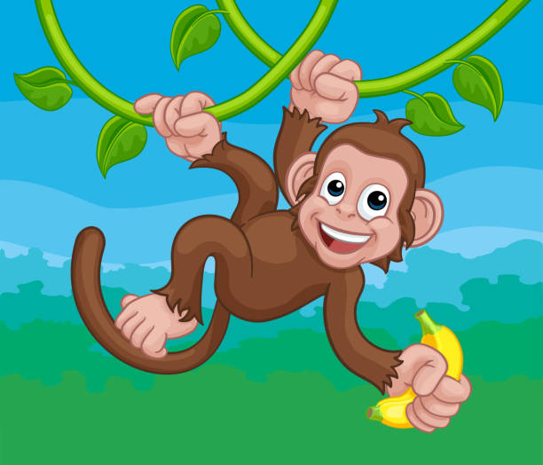 Monkey Singing On Jungle Vines With Banana Cartoon A monkey cartoon character singing on jungle vines with banana clip art of a monkey holding banana stock illustrations