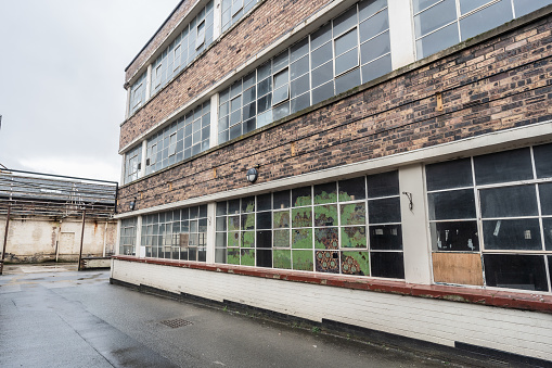 Stoke, Stoke-on-Trent, England, January 3rd 2023. Closed Spode pottery factory, urban decline, industrial and property editorial illustration.