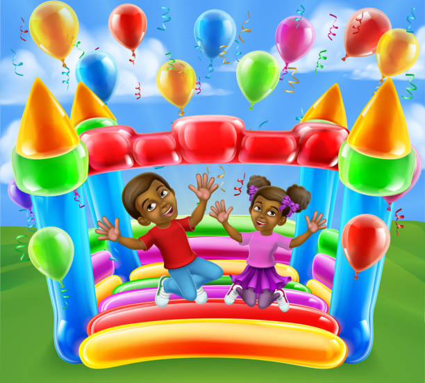 illustrazioni stock, clip art, cartoni animati e icone di tendenza di bouncy house castello jumping girl boy kids cartoon - inflatable castle play playground