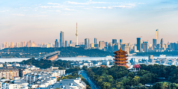 High angle scenery of Yellow Crane Tower in Wuhan, Hubei Province, China