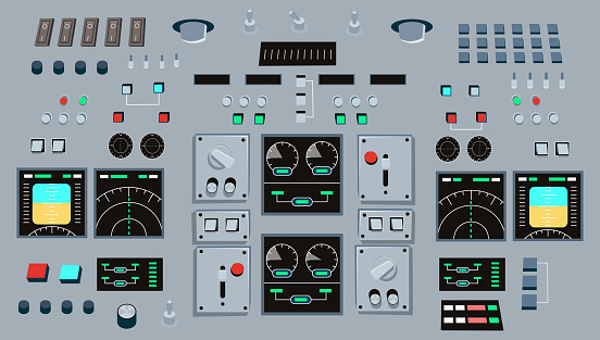 Control panel with buttons. Spaceship cockpit control panel, dashboard airplane or panel by factory. Vector cartoon illustration