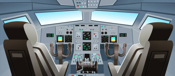 ilustraciones, imágenes clip art, dibujos animados e iconos de stock de vista de la cabina del avión con botones del panel, control del tablero y silla del piloto. cabina de pilotos de avión. ilustración vectorial de dibujos animados. - commercial airplane throttle lever cockpit