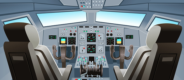 Airplane cockpit view with panel buttons, dashboard control and pilot's chair. Airplane pilots cabin. Cartoon vector illustration.