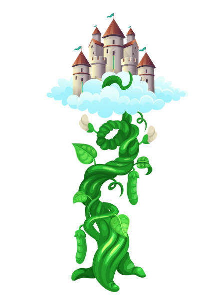 동화 jack and the beanstalk의 구름 속에있는 성이있는 beanstalk. 만화 스타일의 벡터 그림입니다. - castle fairy tale palace forest stock illustrations