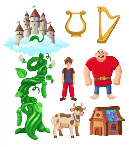 Vector illustration of Jack and the beanstalk set. Set for children.