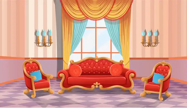 Vector illustration of luxurious baroque interior with vintage red sofa and armchairs. Living room in the castle, hotel hall. King luxury room. Cartoon vector illustration