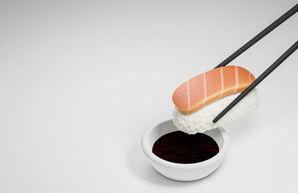 palillos con sushi y salsa de soja sobre fondo blanco. comida tradicional japonesa., modelo 3d e ilustración. - japanese cuisine soy sauce food bonito fotografías e imágenes de stock