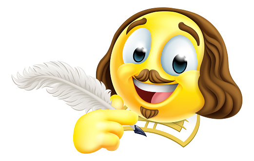 A Shakespeare poet writer emoticon emoji cartoon face icon holding a quill feather pen