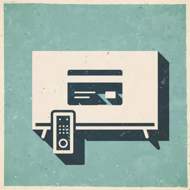 Vector illustration of TV with credit card. Icon in retro vintage style - Old textured paper