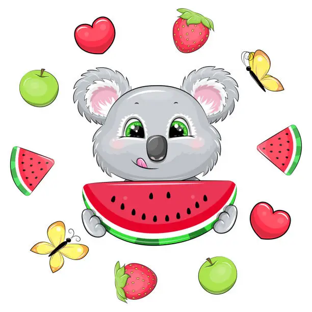 Vector illustration of Cute cartoon koala with watermelon in fruit frame.