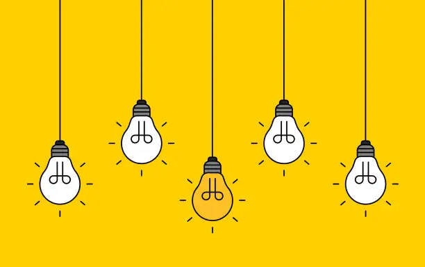 Vector illustration of Hanging light bulbs with one glowing on yellow background. Concept of idea
