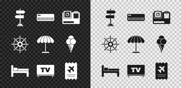 Vector illustration of Set Road traffic sign, Air conditioner, Action extreme camera, Bed, Smart Tv, Airline ticket, Ship steering wheel and Sun protective umbrella for beach icon. Vector