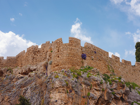 Views of Acropolis of Lindos and Temple of Athena Lindia near town of Lindos on island of Rhodes, Greece