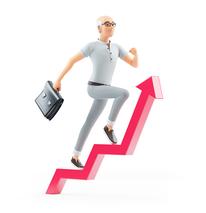 3d senior man with briefcase running on growing arrow, illustration isolated on white background