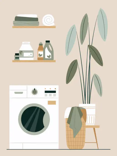 Vector illustration of Laundry room with Washing machine, basket with dirty clothes, detergents, towels  and home plant. Japandi or Scandinavian interior. Eco Friendly home
