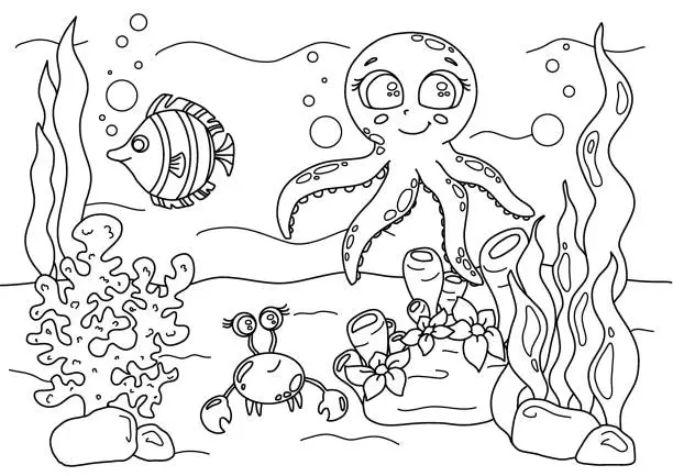 Vector illustration of Children's coloring book, seabed, fish, algae, corals, a series of pictures