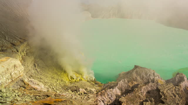 Timelapse Sunrise Scene of Volcanic crater Kawah ijen volcanos.Kawah ijen is composite volcanoes and Sulfur mining is the famous tourist attraction in the Banyuwangi Regency of East Java, Indonesia.