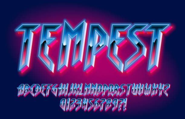 Tempest alphabet font. Glowing letters and numbers in heavy metal style. Tempest alphabet font. Glowing letters and numbers in heavy metal style. Retro typescript for your typography design. heavy metal stock illustrations