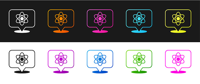 Set Atom icon isolated on black and white background. Symbol of science, education, nuclear physics, scientific research. Vector.