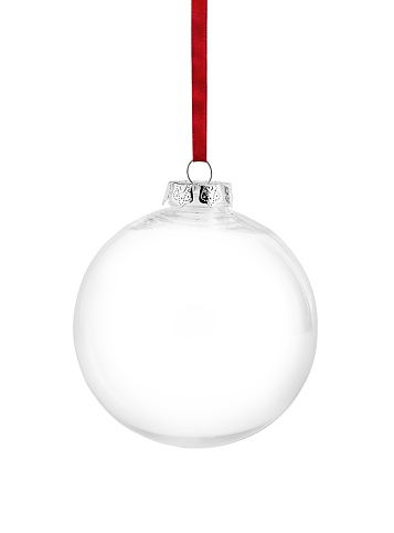 Christmas glass ball with red ribbon highlighted on white background