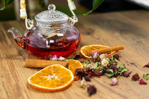 Herbal tea-assorted multi-colored dried fruit and tea leaves and flowers