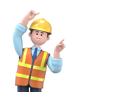 3D illustration of male engineer Owen gesture point finger at copy space portrait.Engineer presentation clip art isolated on white background